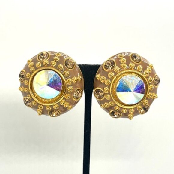 VINTAGE BLANCA AURORA BOREALIS RIVOLI ENAMEL GOLD TONE CLIP EARRINGS SIGNED - Picture 1 of 16